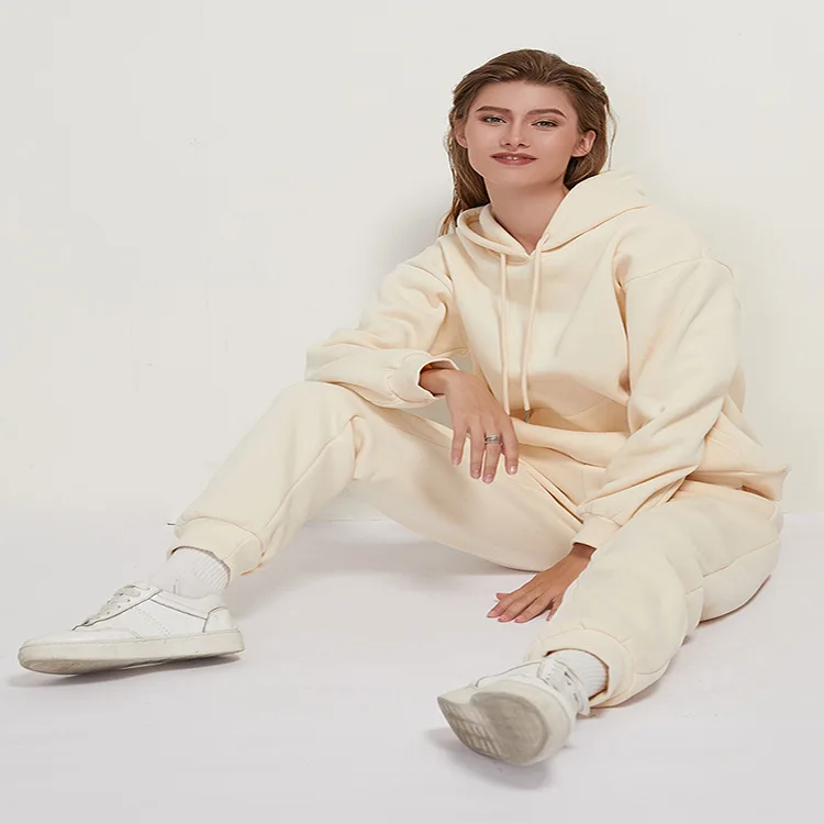 

Женский спортивный костюм из двух предметов, Повседневная теплая толстовка с капюшоном и штаны, однотонная спортивная одежда с длинным рук...