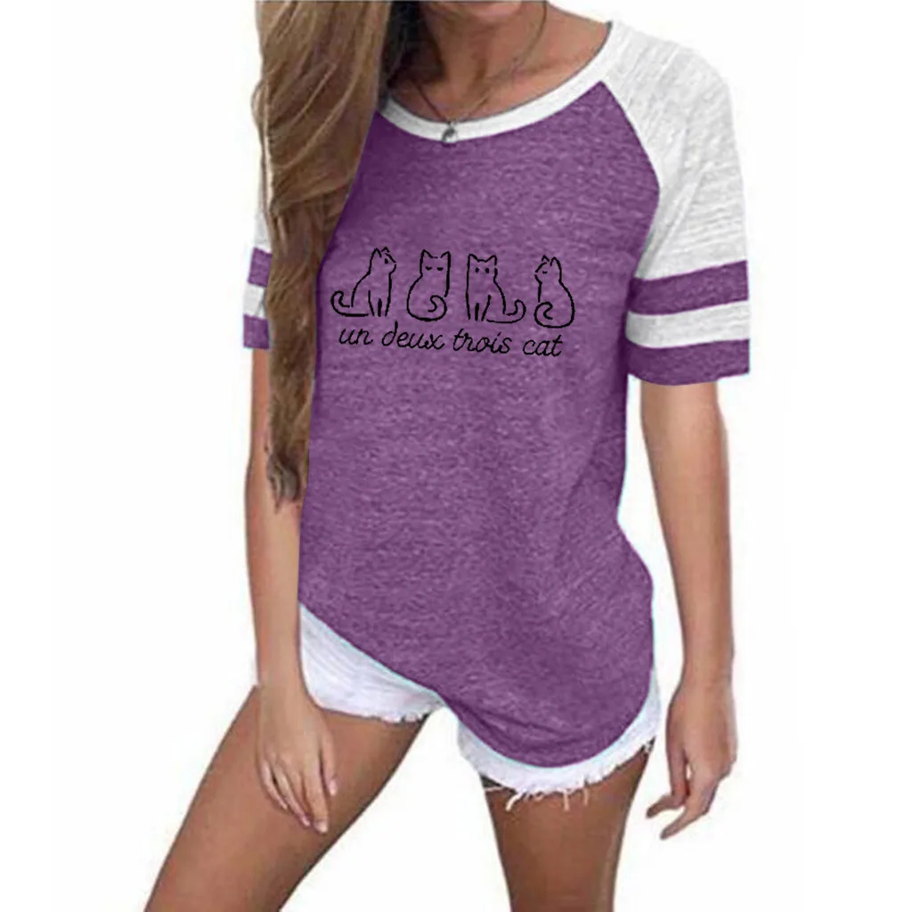 

Short Round Stripe Casual Neck Blouse Size Printing Women Sleeve T-shirt Women's Blouse