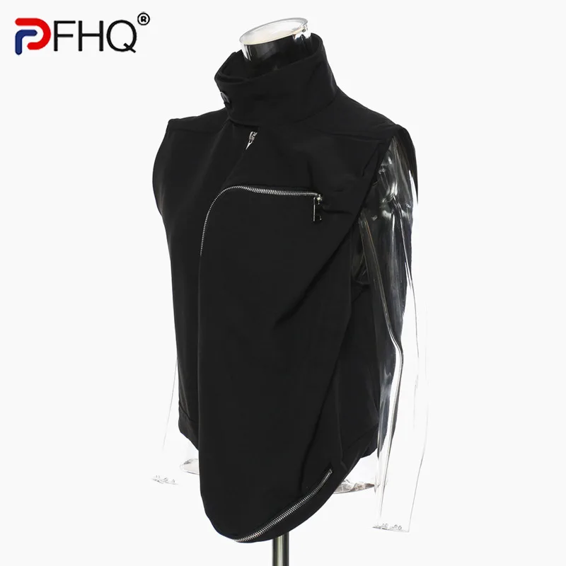 

Весна-Осень 2023, элегантные куртки PFHQ с 3D карманами на молнии, необычным воротником-стойкой, новая модель мужского дизайна, пальто без рукаво...