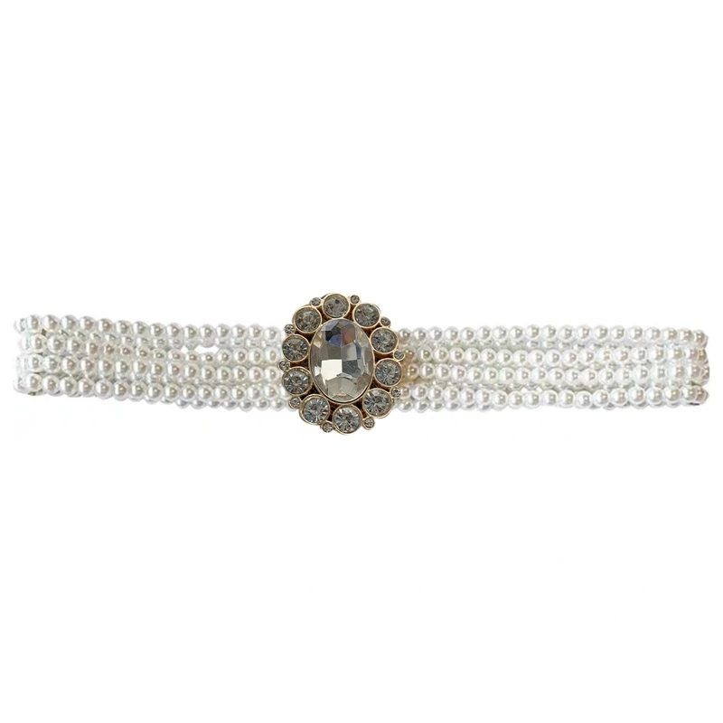 

Women Elastic Waistband Beaded Pearl Cinch Chain Rhinestone Waist Belt for Suit Dresses Stretchy Belt Waist Decoration DXAA