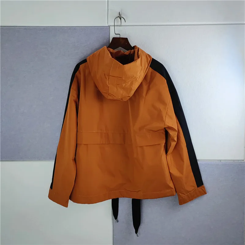 

Women Contrast Color Stitching Jacket 2023 Spring New Ladies Long Sleeve Hooded Trench Drawstring Coat with Zipper
