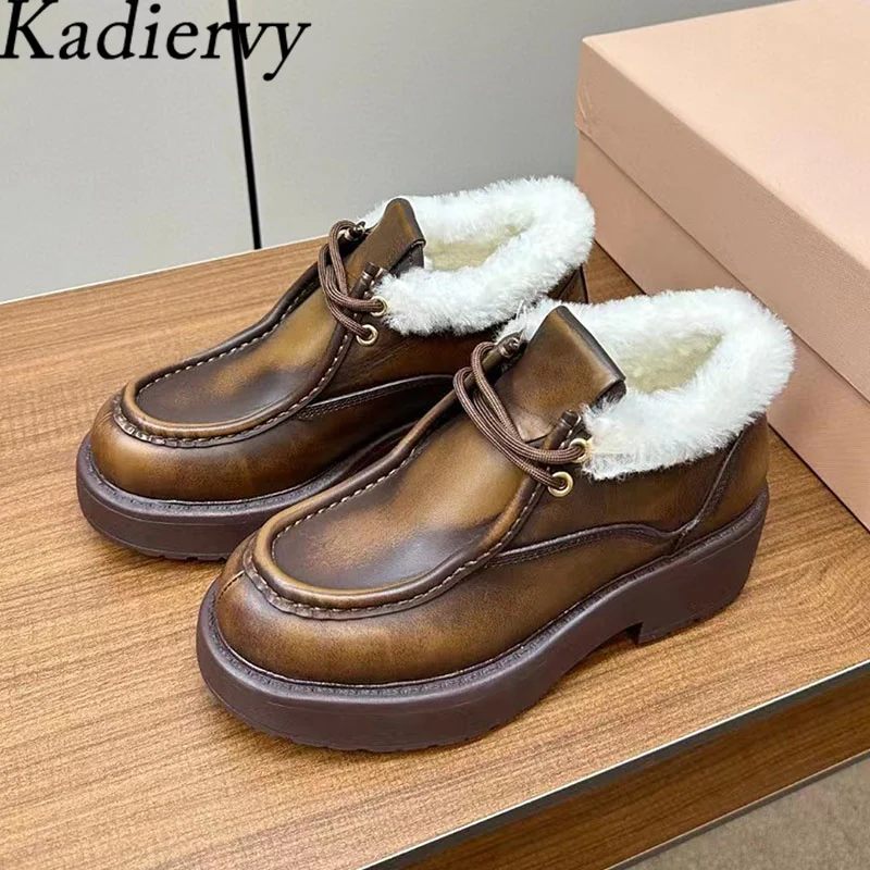 

Genuine Leather Motorcycle Boots Women Round Toe Lace Up Ankle Boots Wool Warm Winter Shoes Women Thick Sole Short Boots Woman