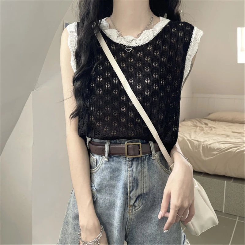 

Женский ТРИКОТАЖНЫЙ УКОРОЧЕННЫЙ ТОП Y2K, пикантный жилет на бретельках, топы, майка без рукавов с круглым вырезом, модная ажурная кофта, майка...