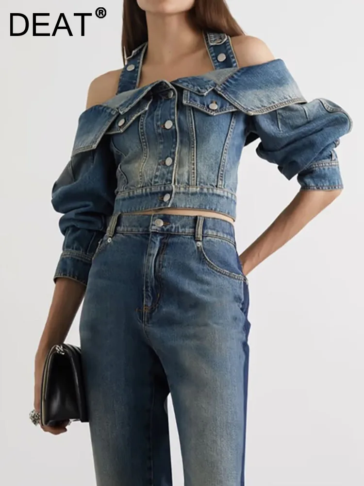 

Женская джинсовая куртка без бретелек DEAT, однобортная короткая куртка в стиле ретро с отложным воротником и длинным рукавом, весна 2023