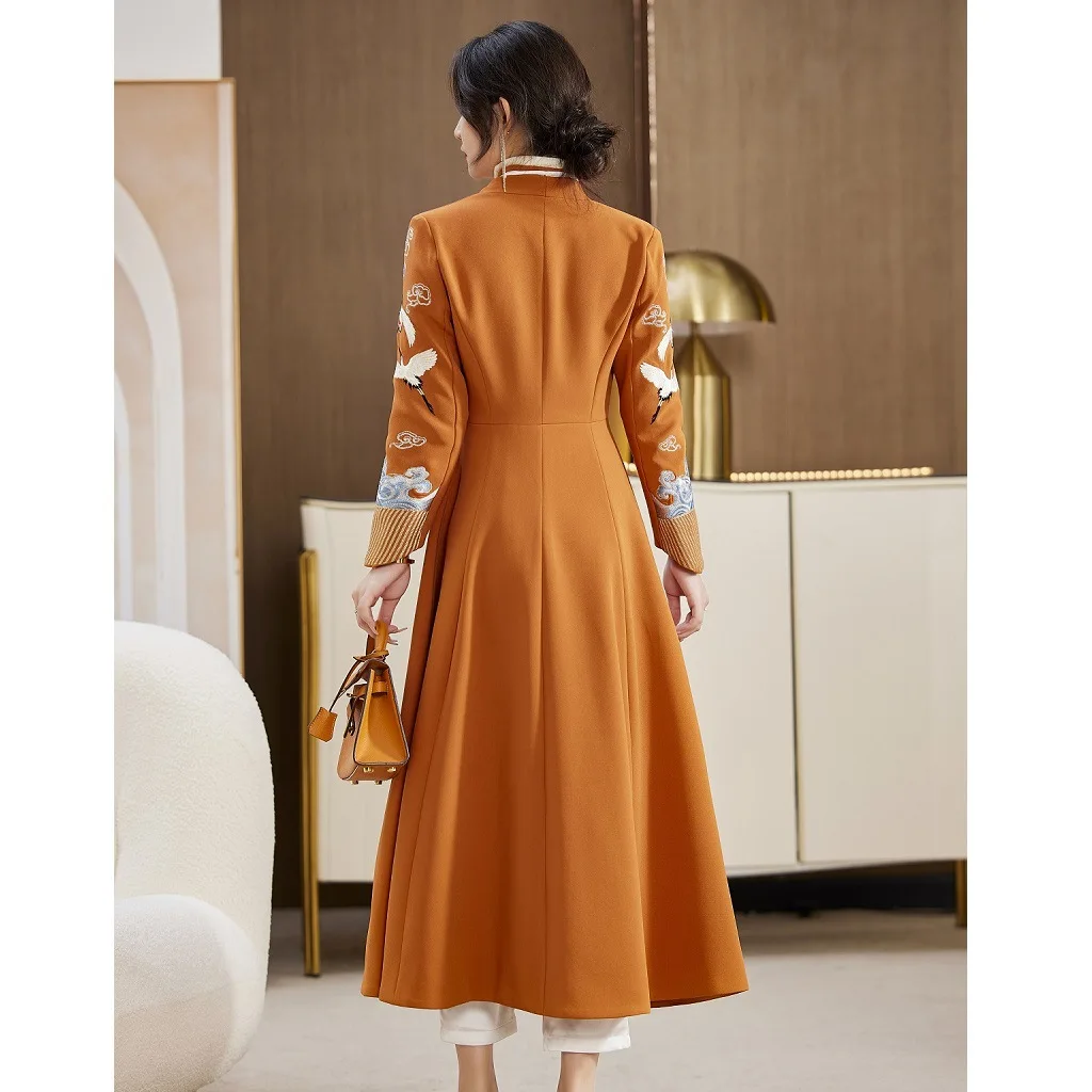 Женский Длинный Тренч в китайском стиле Элегантное длинное пальто с V-образным