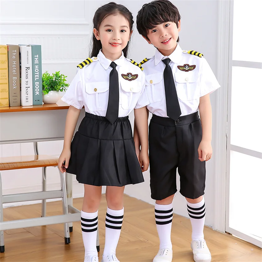 Flight Attendent Cosplay Costumes for Children Halloween Party Aircraft Pilot Uniforms Kids Performance Profession Class Wear