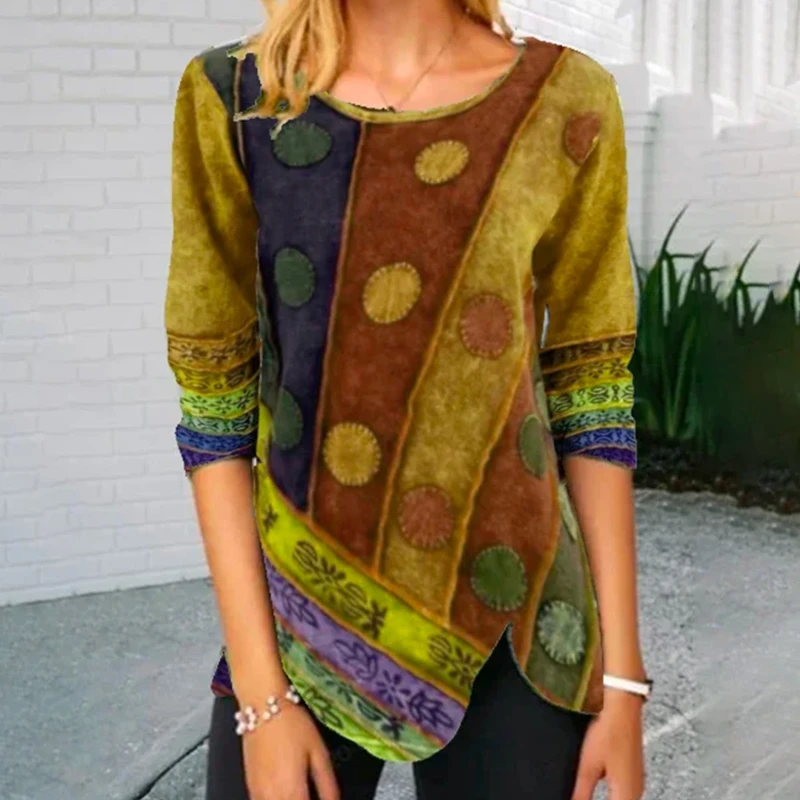 

Женская Винтажная футболка с длинным рукавом, разноцветный Повседневный Топ с принтом, 2022