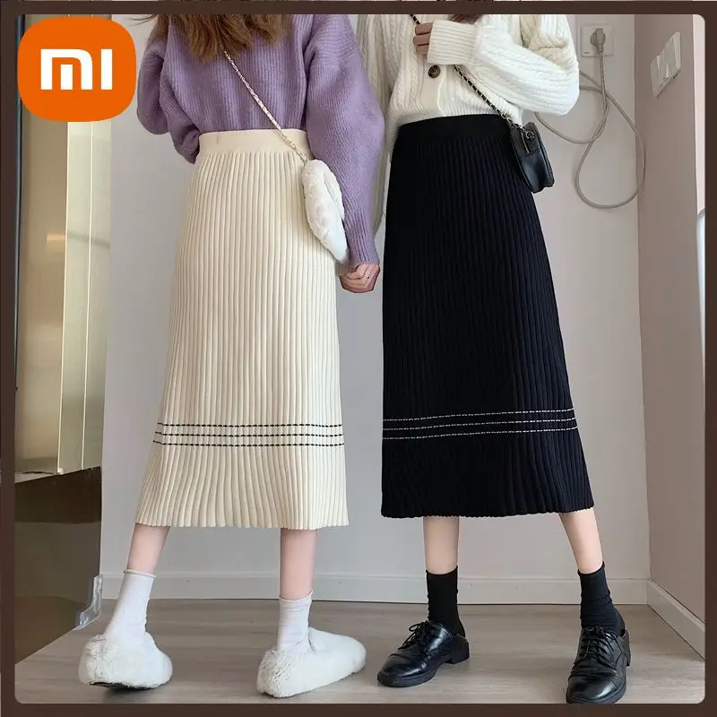 

Xiaomi Vintage Knitted Stripe Long Skirts Women Autumn Elegant High Waist Black Midi Skirt Korean Fashion Casual Office Lady