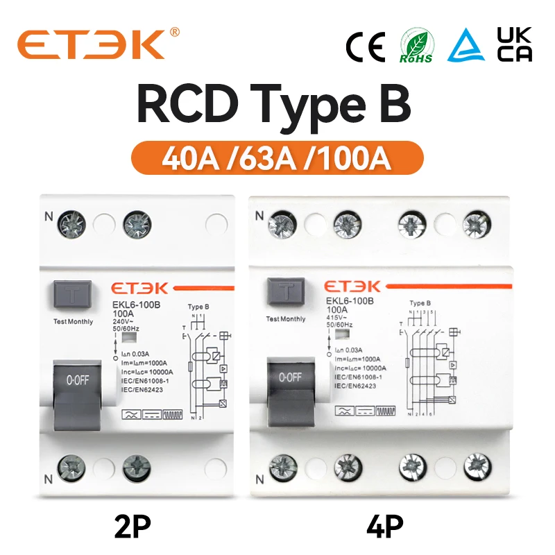 Etek Rcd Rccb tipo b Interruptor de Corrente Residual Evse 2p 4p ac 40a 63a 100a 30ma Ekl6100b 10ka Trilho Din 220v Disjuntores