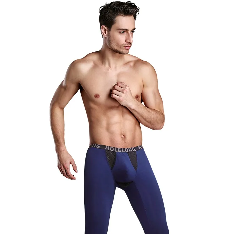 Men's Warm Pants Modal Long-Line Sexy Pants Bullet Separation Long Pants Scrotum Bag with Hole Penis Underwear Basic Legging Men