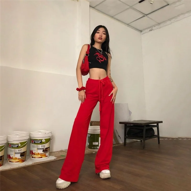 

2021 Indie Street New Fashion Casual Commute Pants Embroidery Wide Leg Pants Women Drawstring Solid Colors High Waist Trousers