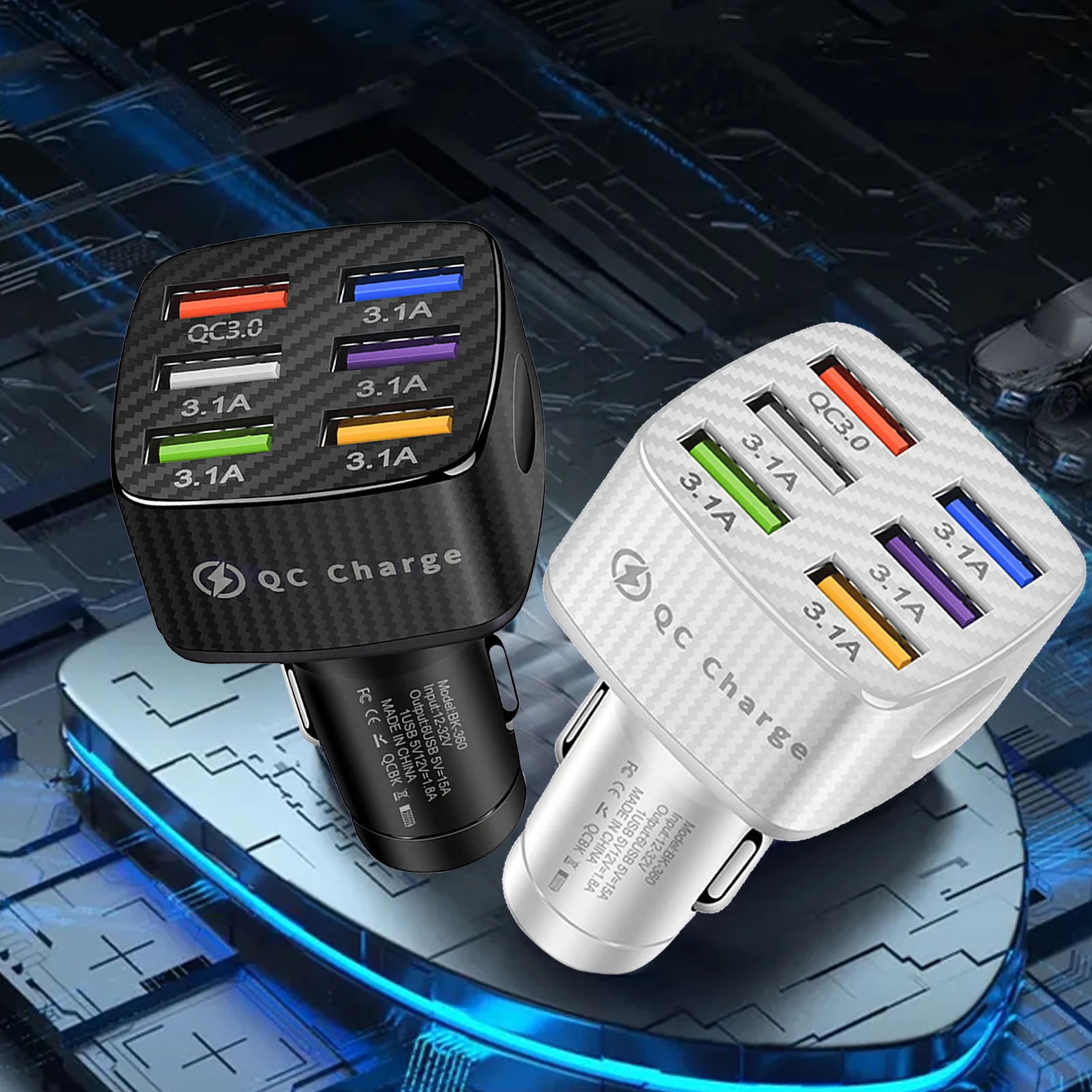 

12V/24V Triple Aluminum Metal USB Multiple Car Charger Socket 6USB QC3.0 Ports with Touch Switch Fast Car Adapter