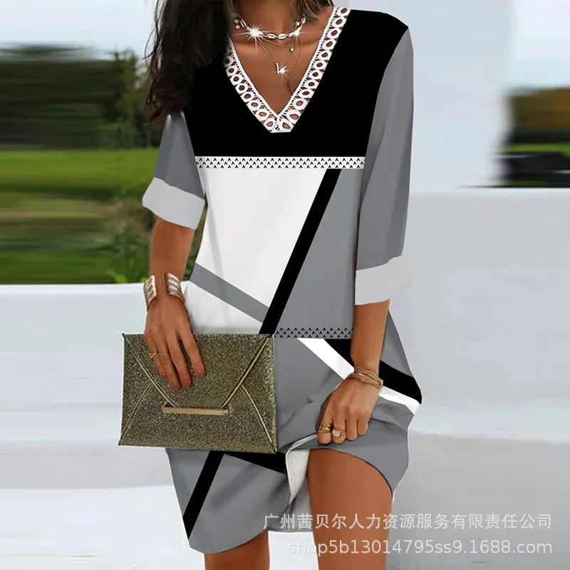 

Women Casual Geo Print Lace Loose Shirt Dress Fashion Sexy Long Sleeve V Neck Mini Dress Streetwear
