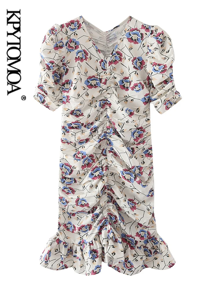 

KPYTOMOA Women Fashion With Ruffled Floral Print Pleated Mini Dress Vintage V Neck Puff Sleeves Female Dresses Vestidos Mujer