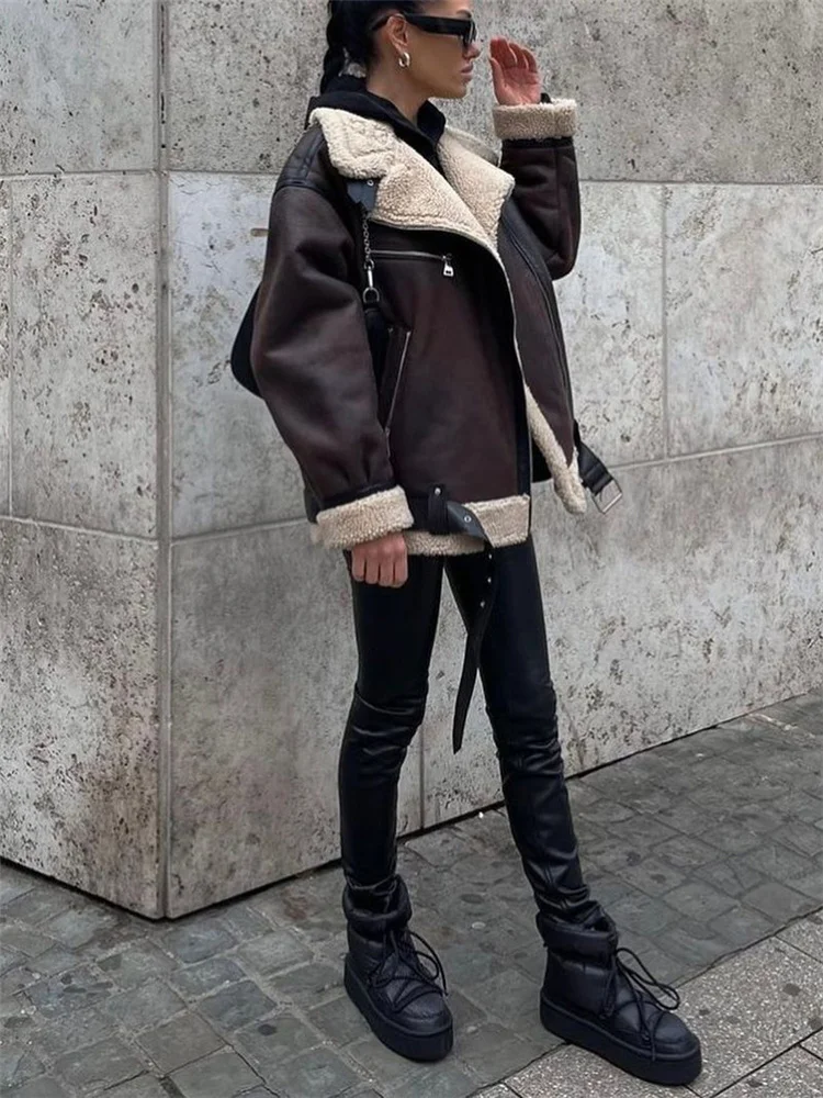Girls Brown Vintage Loose Thick Jackets 2022 Winter Woman Casual Oversized High Street Jackets Female Cool Loose Warm Outwear