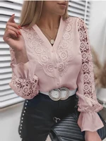 high quality 2022 new womens spring and autumn fashion solid color lace long sleeved v neck lace hollow shirt elegant and chic
