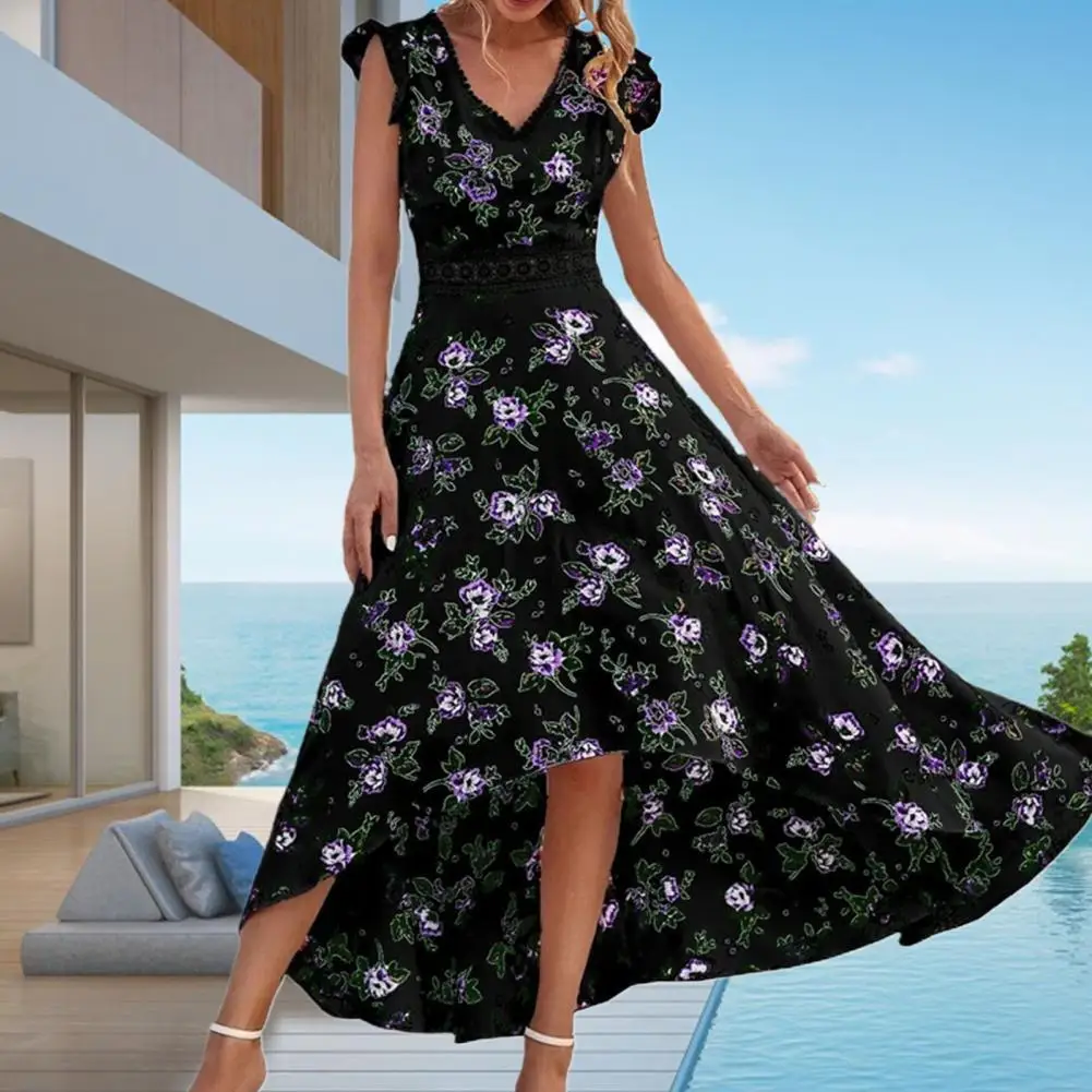 

V-neck Waist Tight High-low Hemline Summer Elegant Casual Women's Dresses For Women 2022 Floral Print Sleeveless Beach Dress