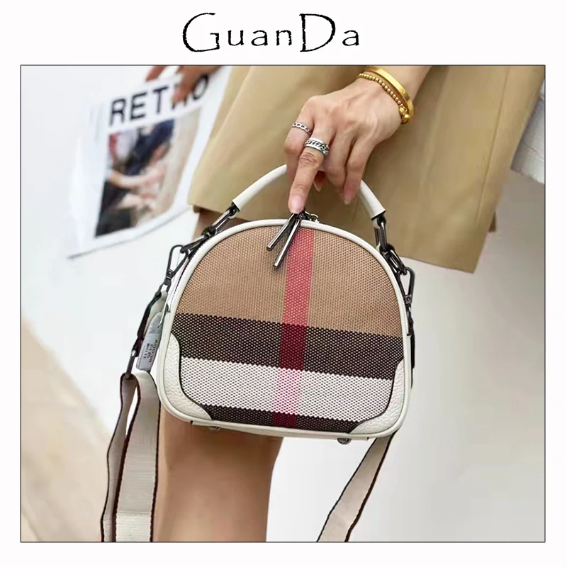 

Модная Роскошная холщовая женская сумка в клетку, вместительная круглая кожаная дамская сумочка с ручками сверху, Женский мессенджер на пл...