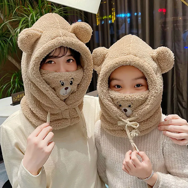 Cute bear bear mask all-in-one ear protection hat winter cycling warm windproof hat autumn and winter all-match winter scarf