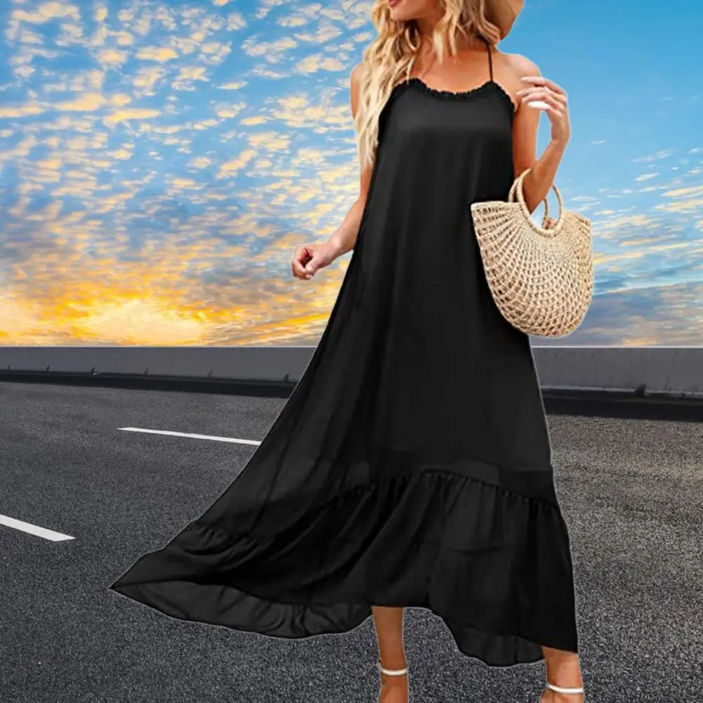 

Patchwork Chic Wear-resistant Lady Dress Spaghetti Strap Summer Dress Soft for Adult