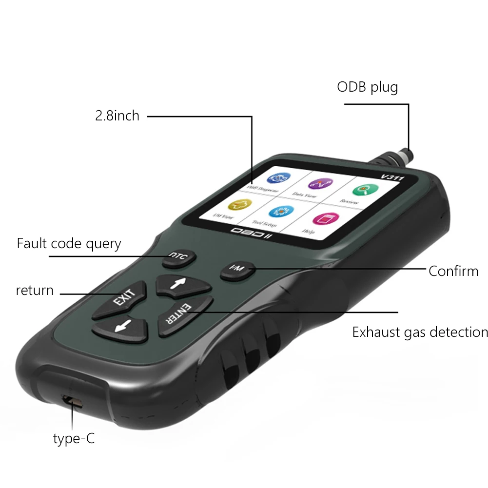 Прочный сканер V311 OBD 2 II портативный цветной ЖК-дисплей OBD2 практичный