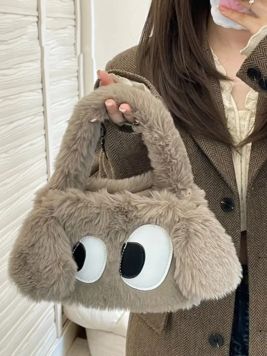 

Cute Cartoon Eyes Women's Plush Purse and Handbags Fashion Faux Fur Ladies Shoulder Crossbody Bags Casual Female Small Tote Bag