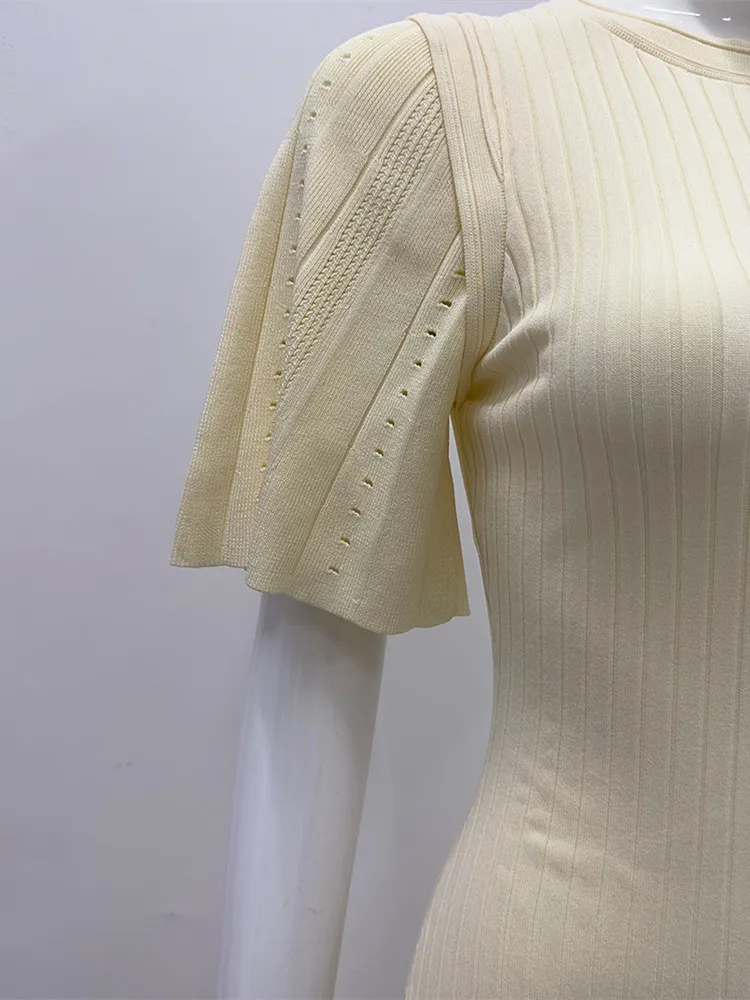 

Women Rib Knitted Robe Hollow out Stitching Short Sleeve Single Breasted Round Neck Elegant Female Knit Slim Midi Dress