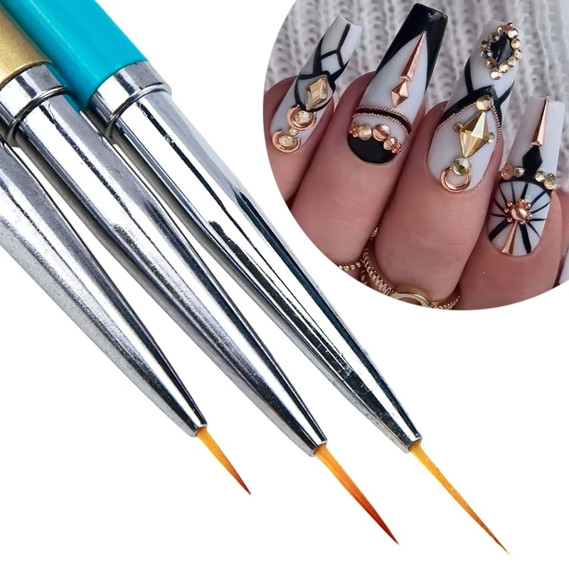 

3pcs Nail Brushes For Manicure Stripe Lines Painting Drawing Tools DIY Nails Art Designs Black Blue Yellow Metal Handle 7/9/11mm