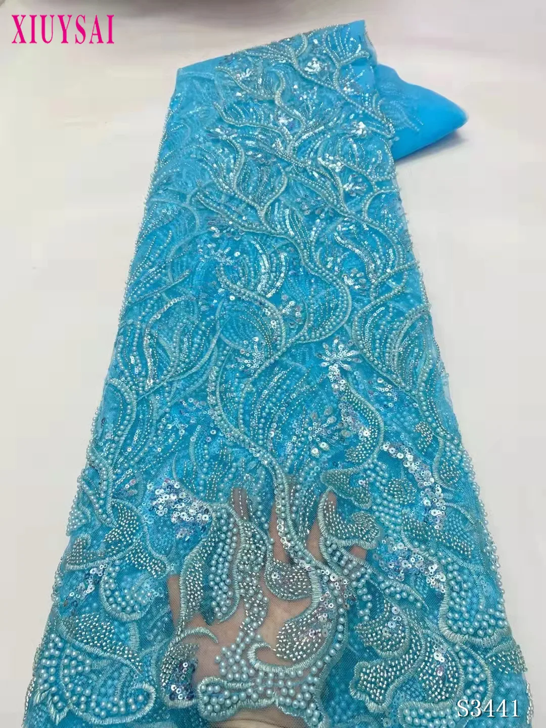 

high-end African heavy beaded sequin Lace Fabric High Quality embroidery French Party Wedding Bride Lace Fabric Dress