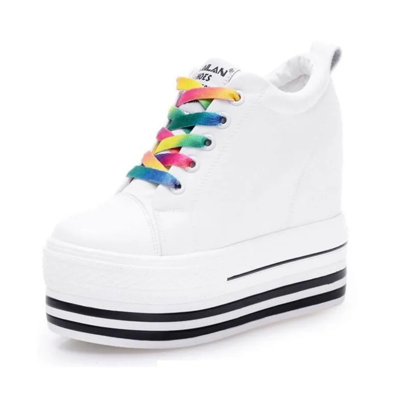 

New 12CM Heels Wedge Canvas Shoes Woman High Platform Sneakers Vulcanized Shoes Hidden Heel Height Increasing Casual Shoes White