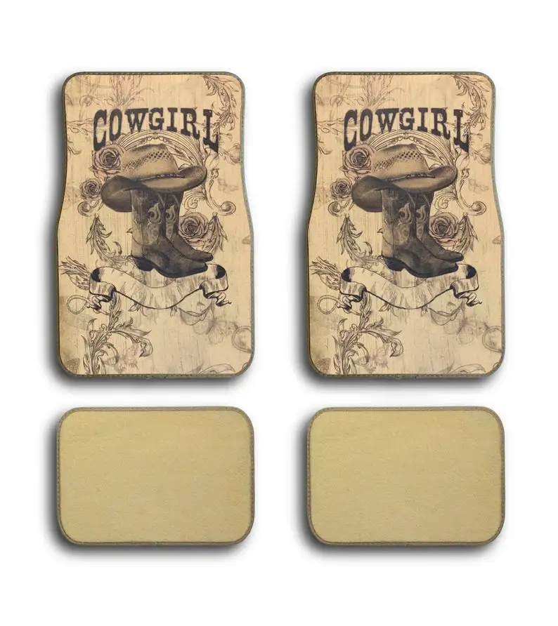 

Cow Girl Boots Rodeo Western Print Universal Fit Front/Rear 4-Piece Full Set Bling Carpet Car SUV Truck Floor Mats For Women & U