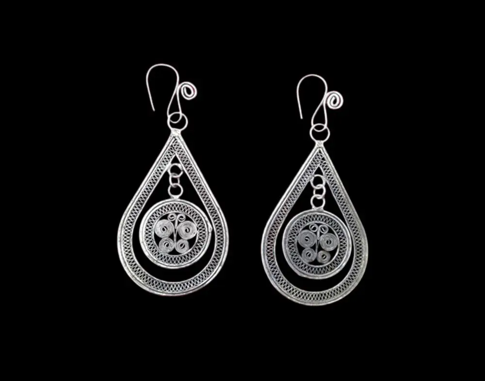 

Tribal Silver Earrings Chinese Ethnic Hmong Miao Jewelry #109 Uniquely Handmade