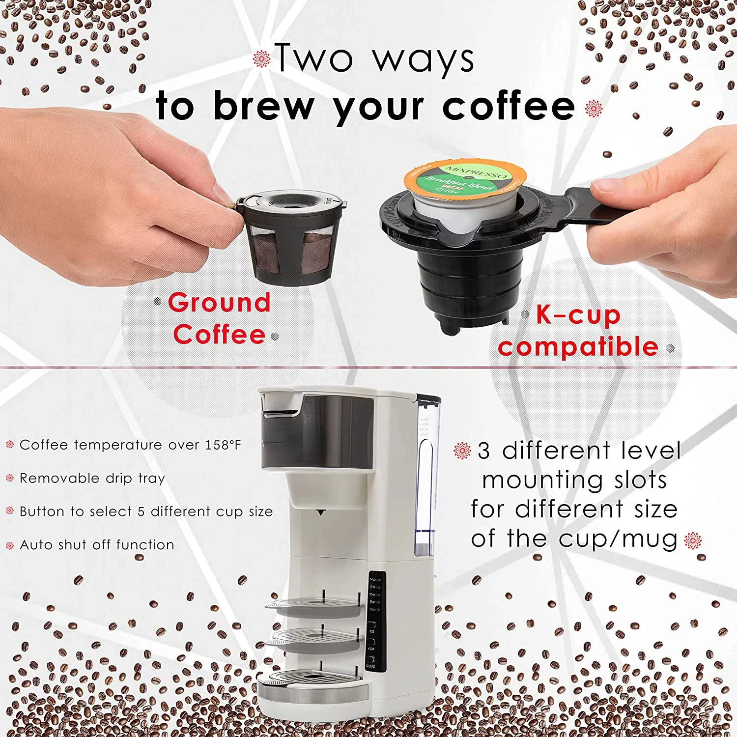 

Serve 2 in 1 Coffee Brewer K-Cup Pods Compatible & Ground Coffee,Compact Coffee Maker Single Serve With 30 oz Detachable Reservo