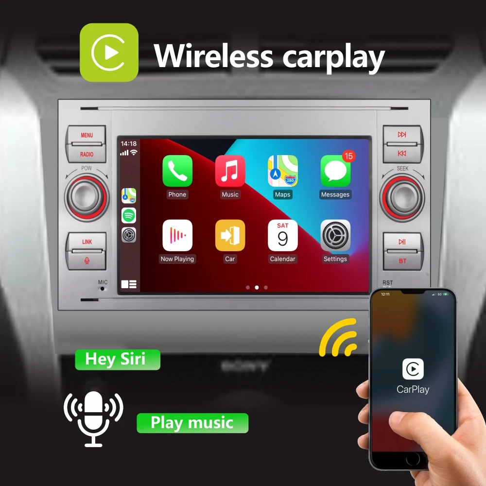 Автомагнитола с беспроводным Carplay Android авто для Ford Focus Mondeo Kuga C-Max 7-дюймовым