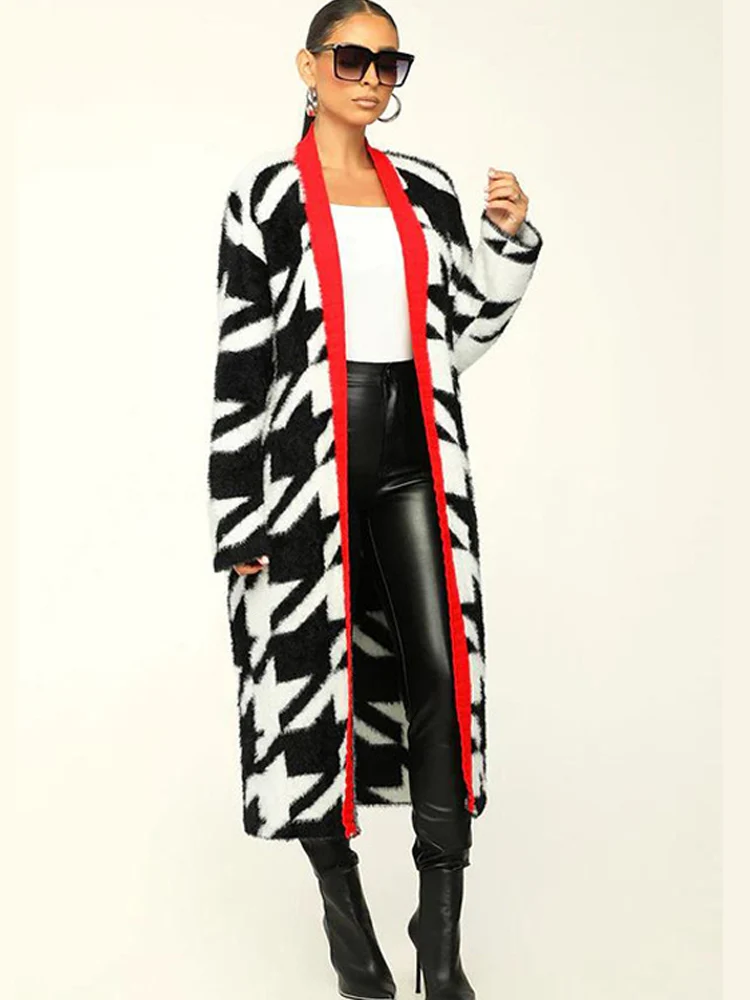 

Elegant Panelled Houndstooth Long Cardigan Women 2022 Autumn Winter Thick Warm Full Sleeve Cardigans Female Loose Sweater Coats
