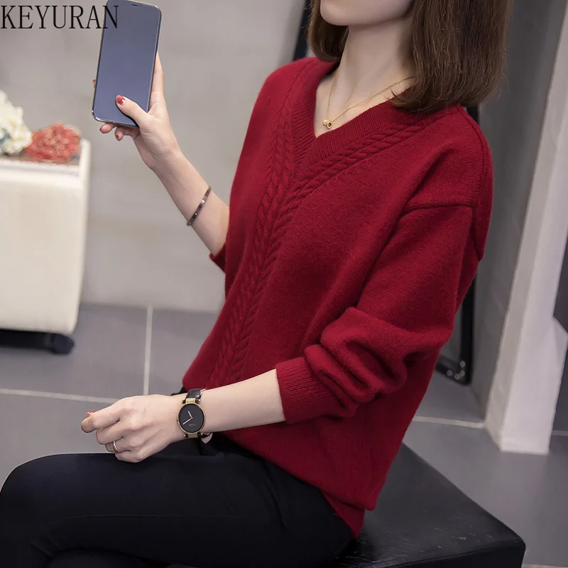 

Oversize Twist Long-sleeved V-neck Sweater Women Jumpers Autumn Winter Fashion Oversize Loose Casual Pullover Woman Sweaters