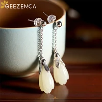 geezenca 925 sterling silver jade magnolia long dangle earrings for women vintage ethnic chinese style flower drop earring gift
