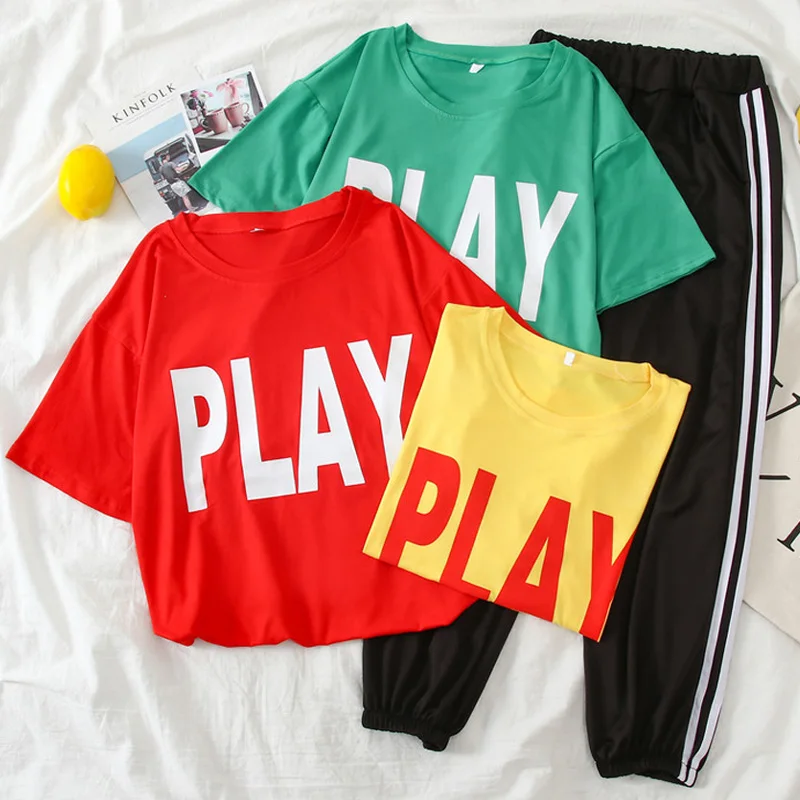 

2022 summer Two Piece Set Women letter Printed short sleeve t shirt And Long Pants Sets Casual loose Women Tracksuit Pants Suit