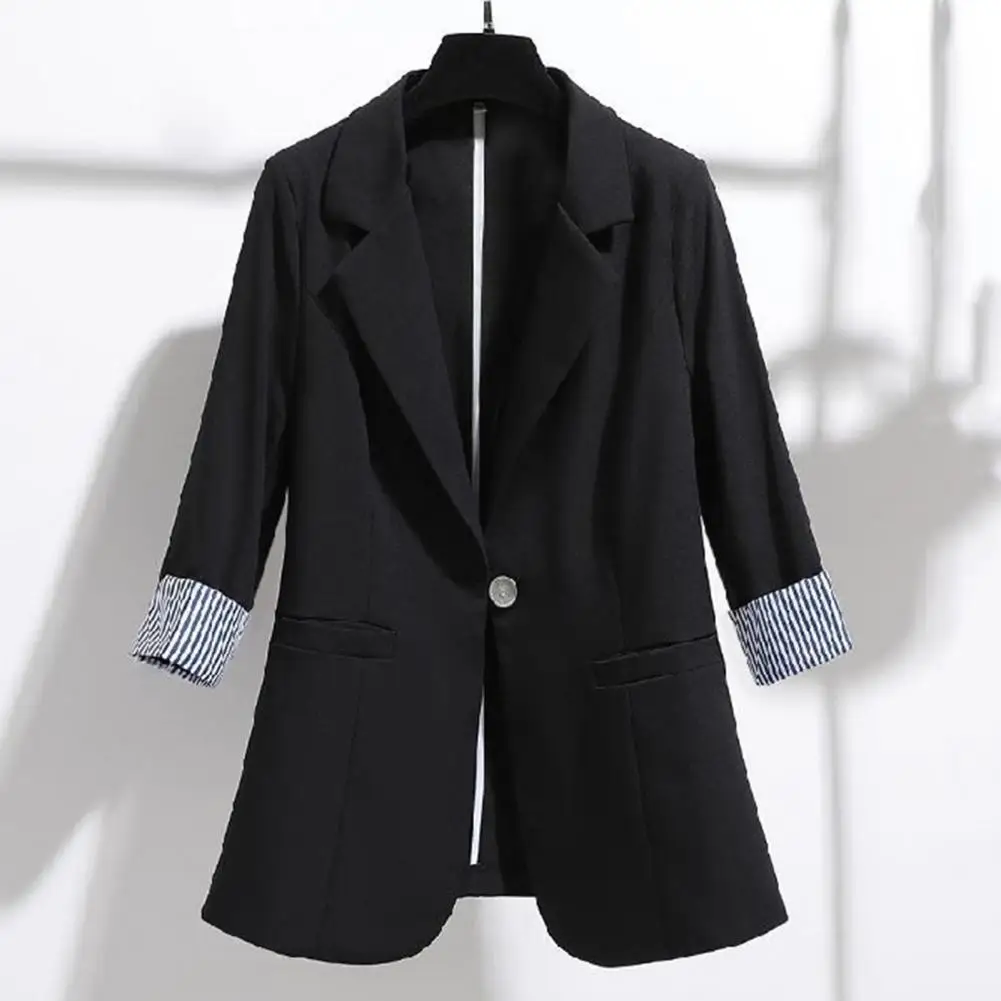 

3/4 Sleeve Striped Patchwork Cuff Pockets Women Blazer Solid Color Lapel Single Button Thin Suit Coat Workwear