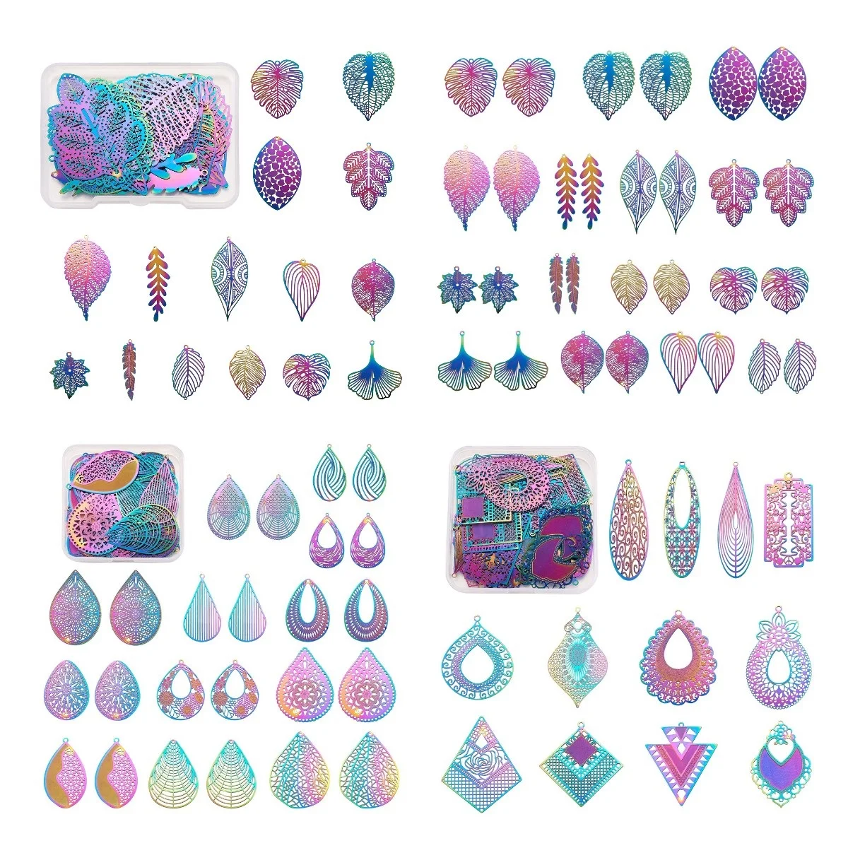

Hollow Geometric Leaf Stainless Steel Filigree Stamping Pendants AB Color Charms For DIY Earring Necklace Jewelry Making