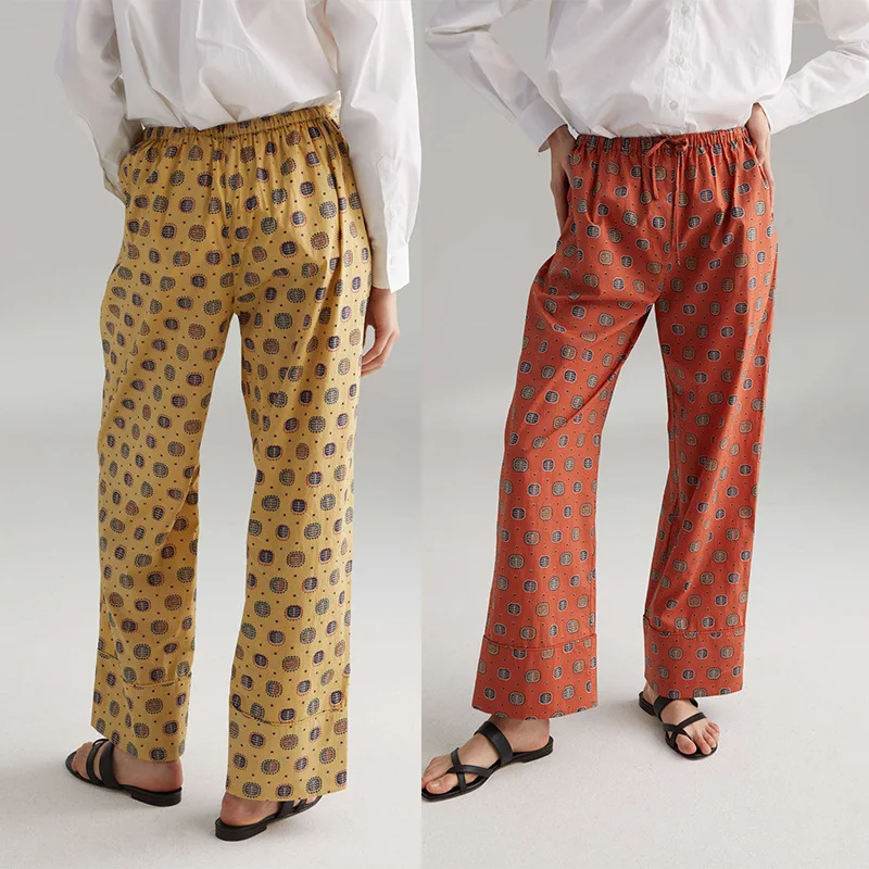 

Women Long Trousers Retro Print Elastic Waist Loose Straight Lace-up Female Casual Pants