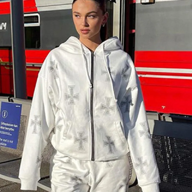 

Diamond Rhinestone Y2k Hoodies Women Korea Vintage 2022 Zip Up Outwear New Men Retro Long Sleeve Men Flame Cotton Loose Outwear