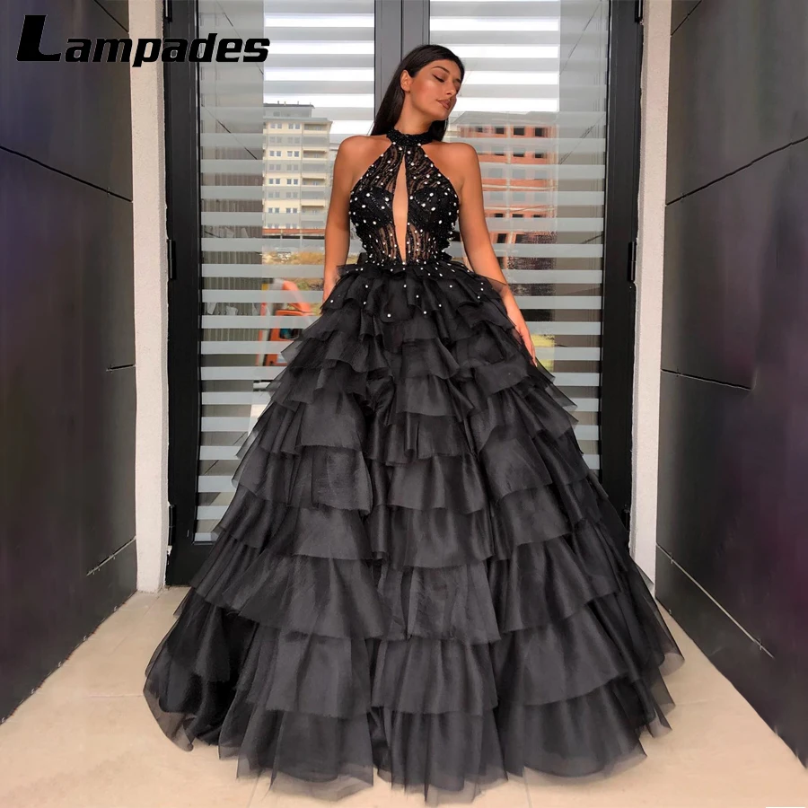 

Halter Neckline Keyhole Front with Crystals Ball Gowns Black Prom Dress Layers Ruffled Skirt Evening Dress For Women