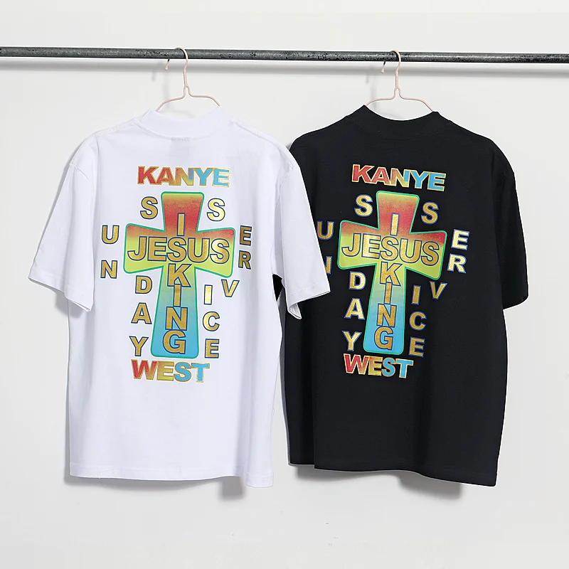 

SEVEYFAN Kanye Colorful Crosss Printed Tees Men's Hip Hop T Shirts Summer Casual Cotton Tops Couples