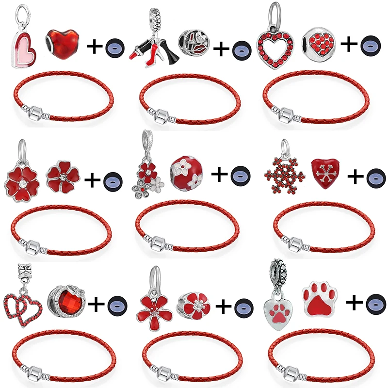 

Классический браслет с красными кристаллами и эмалью в форме сердца, женский браслет с подвесками из кожи, ювелирные изделия, Прямая поставка