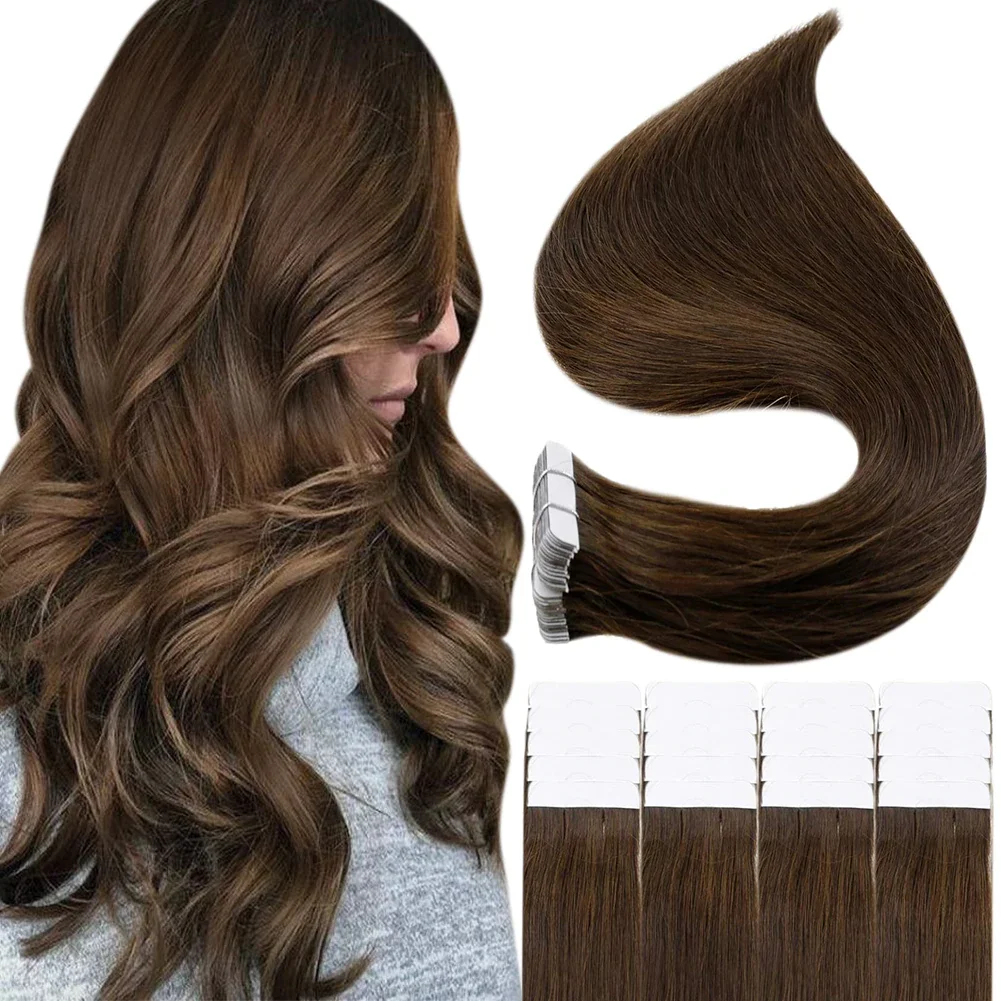 Fll Shine Tape in Hair Extensions Remy Human Hair Darkest Brown  12inch-24inch 100% Remy Human Hair Invisible Straightu