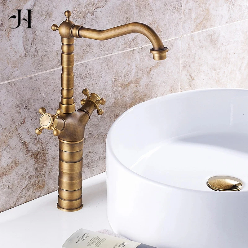 

Antique Faucet Bronze Copper Double Handle Swivel Spout Bathroom Faucets Retro Style Brass Tall Basin Mixer Tap High Sink Crane