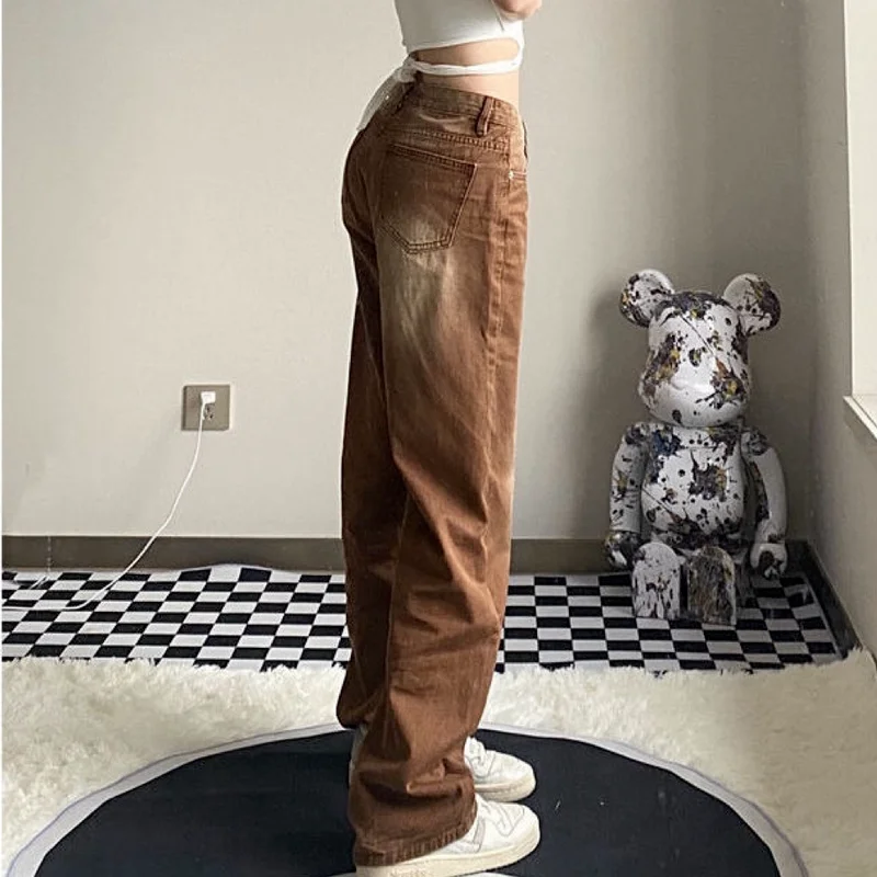 Retro Brown Straight-leg Jeans Women's Autumn Loose Korean Version of The Thin Casual Gradient Color Wide-leg Mopping Trousers