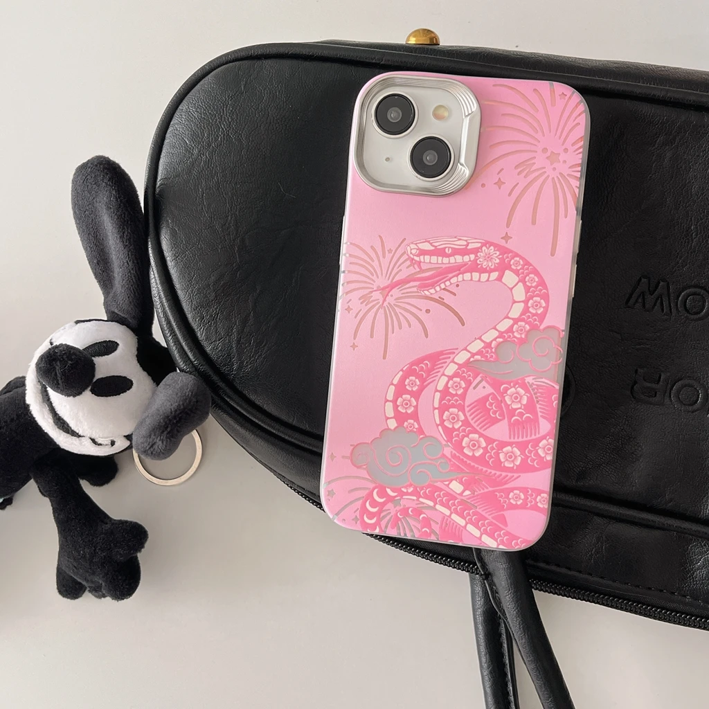 Chinese Style Pink Snake Fireworks Cloud Shockproof Protective Phone Cover Case for iPhone 16 15 14 13 12 Pro Max