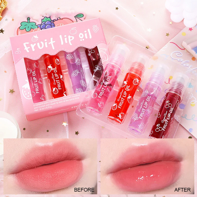 

4pcs/box Fruit Transparent Lip Gloss Roll-on Lip Oil To Dilute Lip Lines and Nourish Lips Waterproof Longlasting Liquid LipGloss